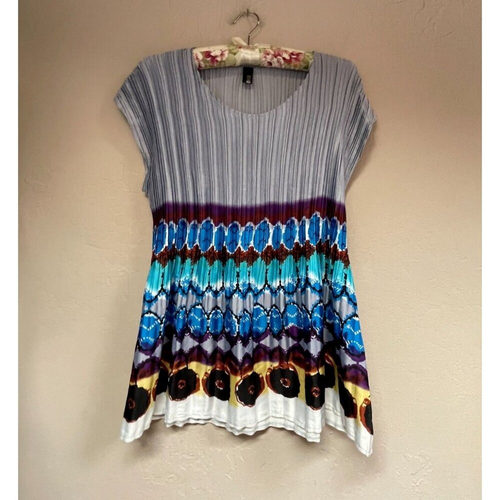 Benedetti Italy Womens Short Sleeve Pleated Blouse Stretch Stripe Geo Multicolor